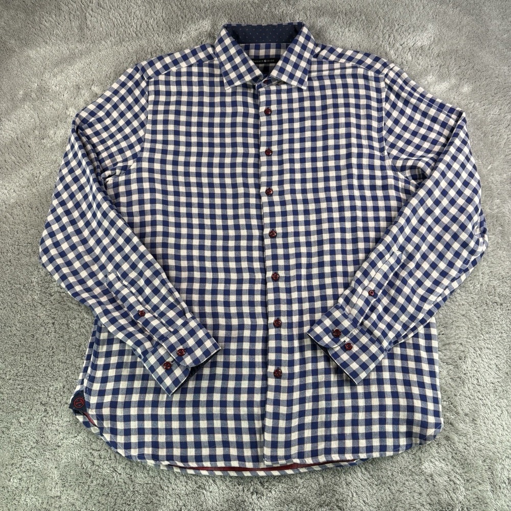 Hammer Made Shirt Mens L 16.5 Blue White Gingham Check Button Up Cotton Dress